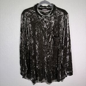 Belle Kim Gravel Top Womens 2X Crushed Velvet Shirt Button Up Blouse Tunic Green